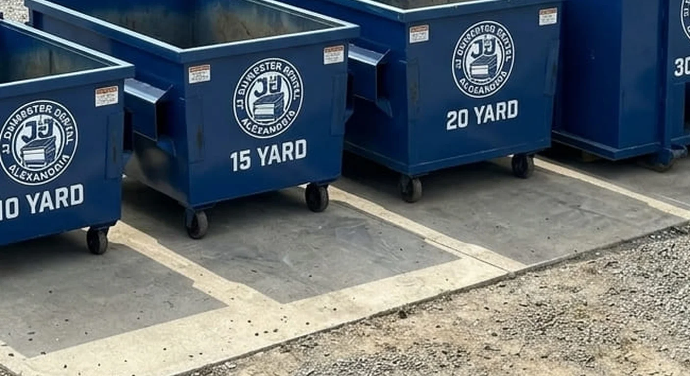 A JJ Dumpster Rental Alexandria 20 yard roll-off dumpster staged in the company yard, size printed on the side
