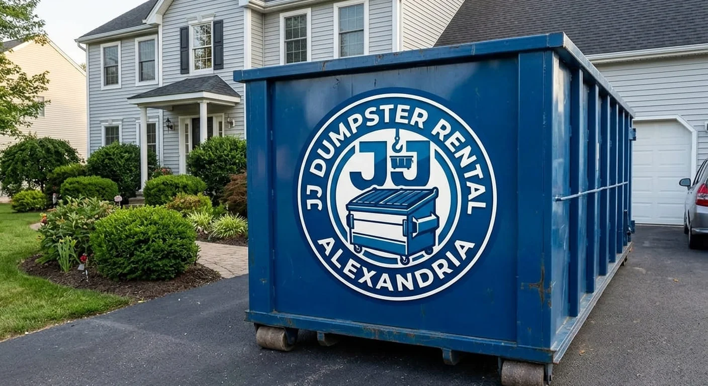 Dumpster rental delivery near Arlington, VA A JJ Dumpster Rental Alexandria roll-off dumpster staged for a job near Arlington, VA