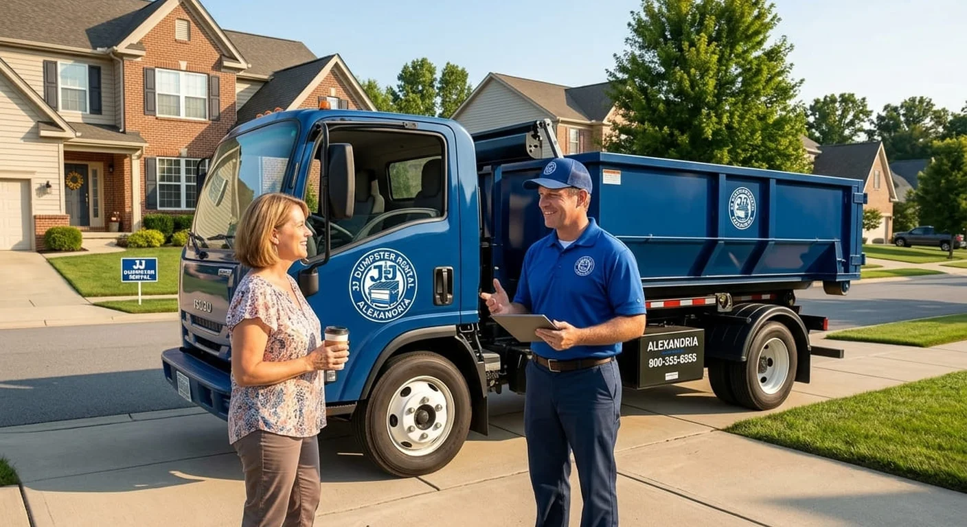 Junk removal dumpster rental in Huntington, VA A JJ Dumpster Rental Alexandria driver reviewing details for a junk-removal job in Huntington, VA