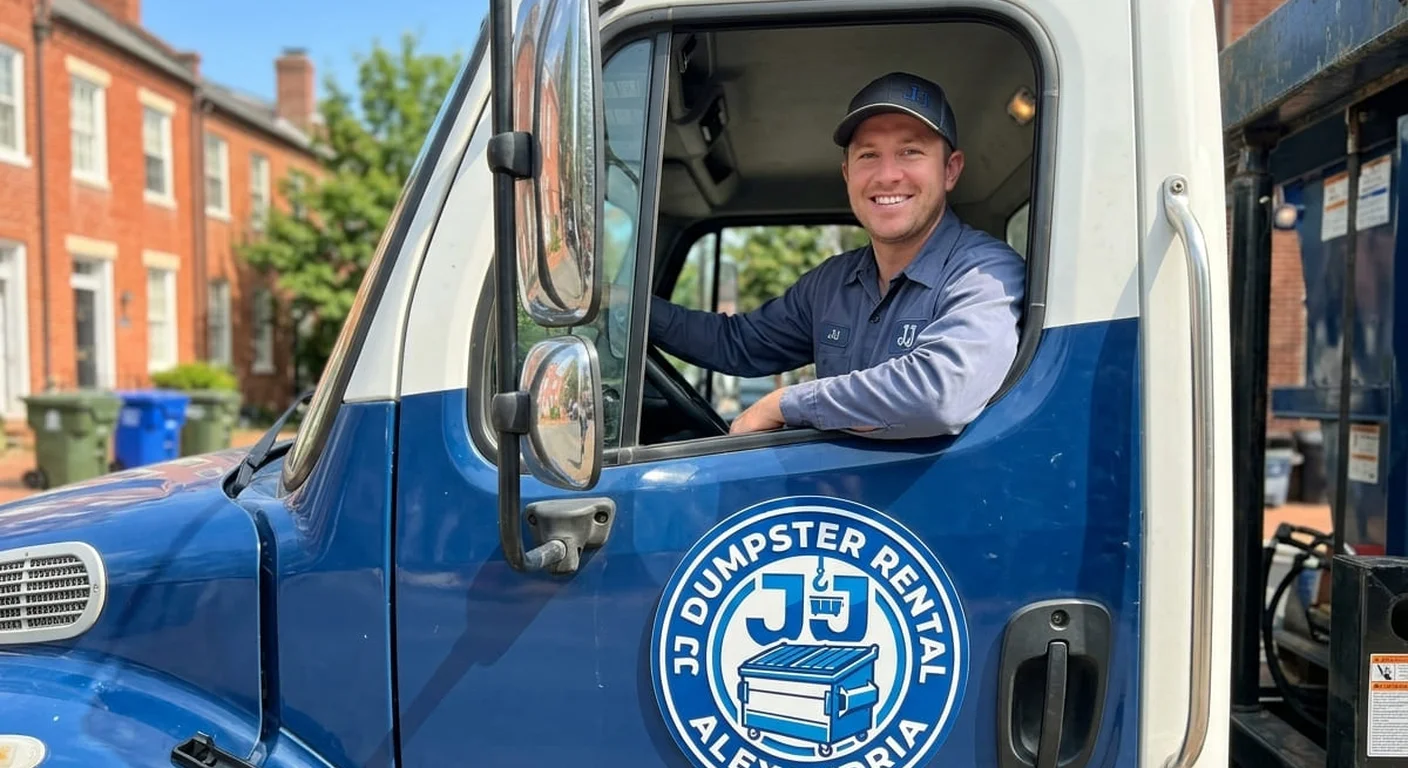 Same-day dumpster rental in Kingstowne, VA A JJ Dumpster Rental Alexandria driver going over delivery details for a same-day drop-off in Kingstowne, VA